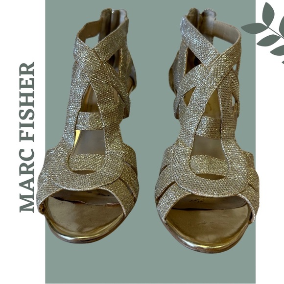 Marc Fisher Gold Glitter Strappy Heeled Sandal Size 8.5 - Picture 5 of 9